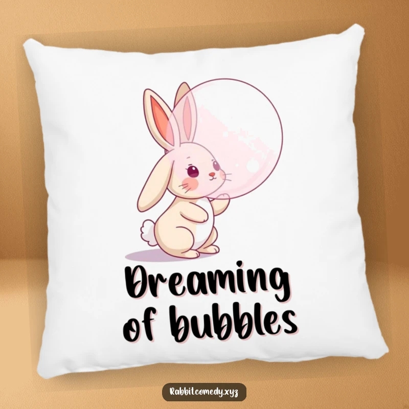 Funny pillow depicting a rabbit character with floppy ears leaping to catch a bubble, a soft and humorous accent piece.