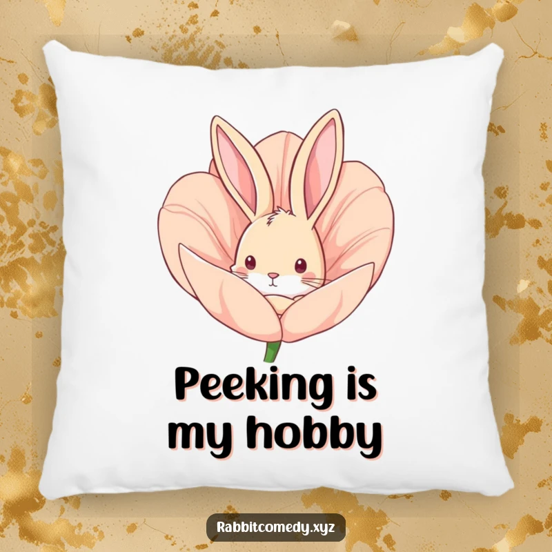 Funny pillow featuring a curious rabbit peeking from a large flower bud, adding a cozy and humorous touch.