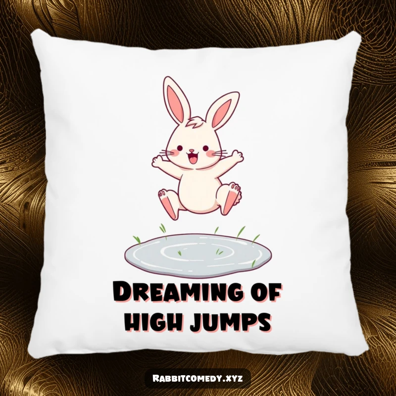 Funny pillow featuring a determined rabbit leaping over a tiny puddle, adding comfort and motivational charm.