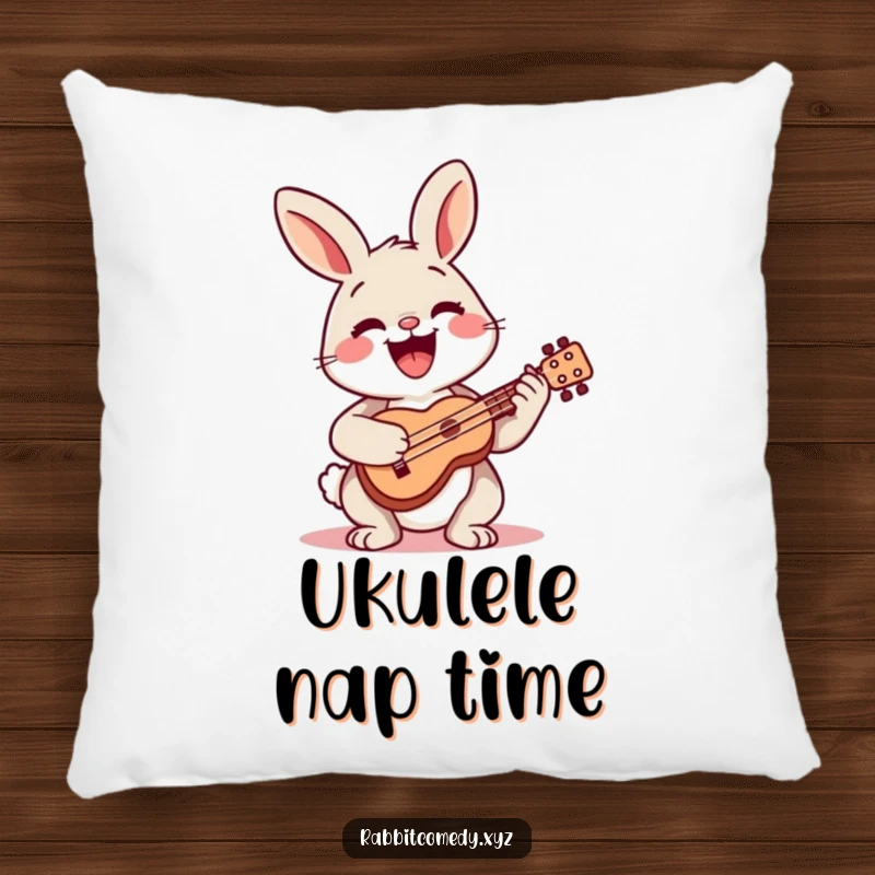 Funny pillow featuring a happy rabbit playing a tiny ukulele with a wide smile, perfect for comfort.