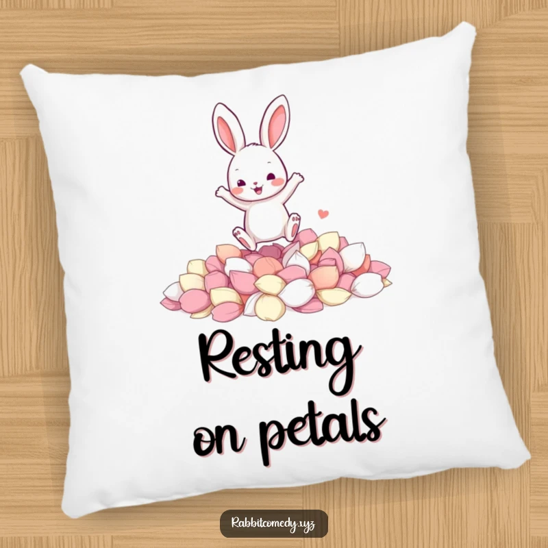 Funny pillow with a jumping rabbit character joyfully landing in a soft pile of colorful flower petals, full of spring cheer.