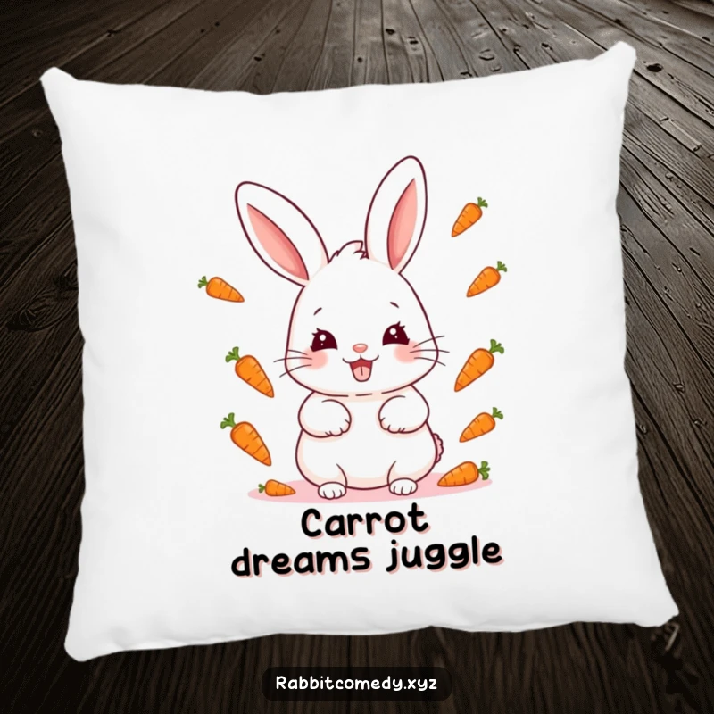 Funny kawaii rabbit with a mischievous grin juggling miniature carrots, a soft and cuddly pillow.