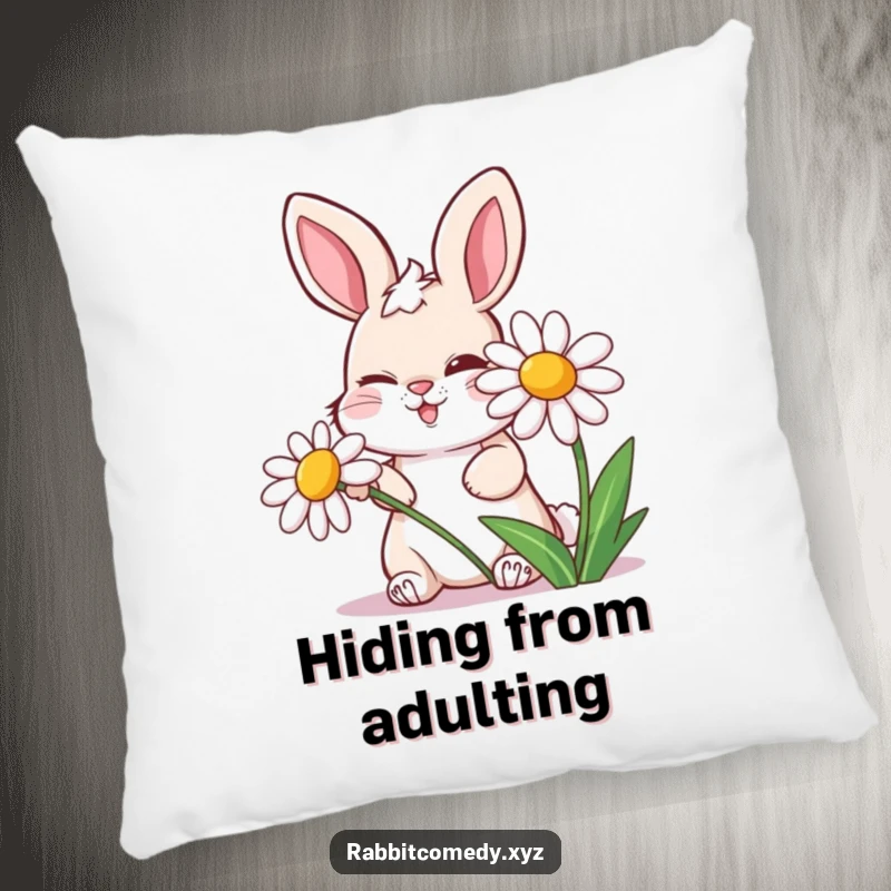 Funny pillow featuring a mischievous rabbit winking behind a laughing daisy, adding comfort and a playful vibe.