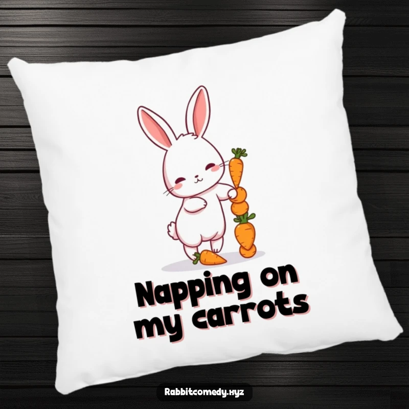 Funny pillow with a petite rabbit trying to balance miniature carrots, adding comfort and humor to any seating area.