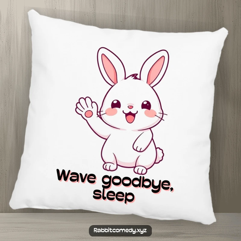 Funny Kawaii rabbit radiating joy, giving a cheerful wave with its paw, offering comfort and humor as a pillow.