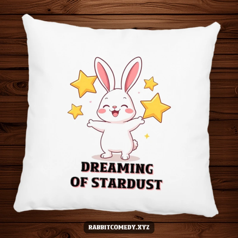 Funny pillow featuring a cheerful rabbit juggling sparkly stars, perfect for adding comfort and whimsical humor.