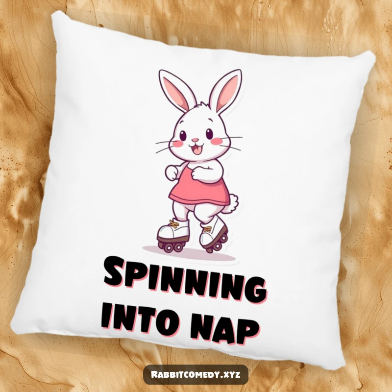 Funny Pillow featuring a playful rabbit on roller skates, in a fun spin, adding a cozy and humorous element to any seating area.