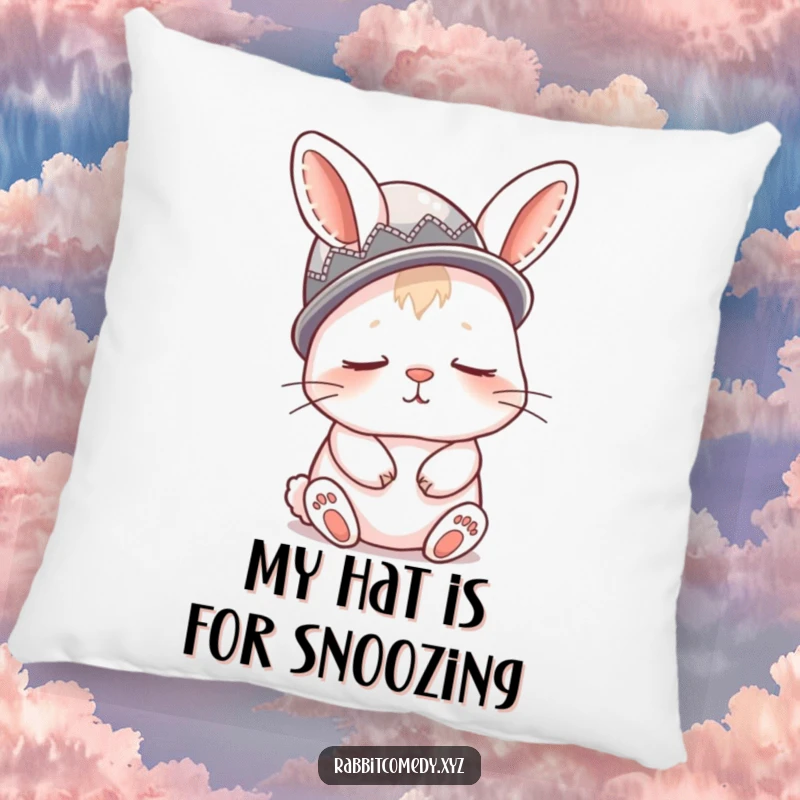 Funny pillow featuring a sleepy rabbit comically wearing a thimble as a hat, adding comfort and gentle humor.
