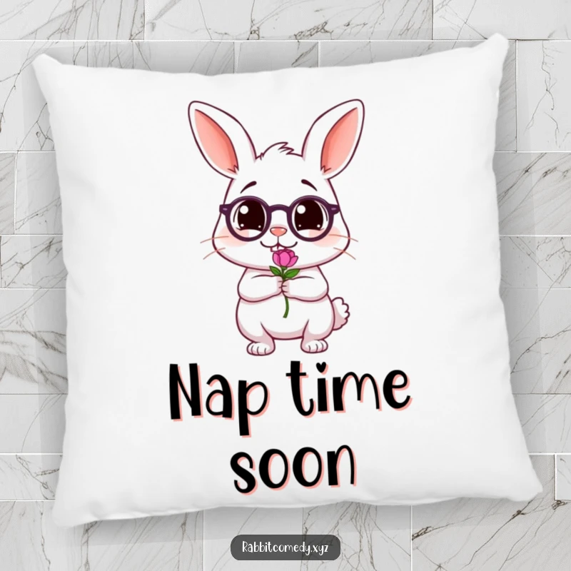 Funny pillow with a tipsy, wobbling rabbit character holding a tiny flower, offering a soft and humorous decorative touch for any room.
