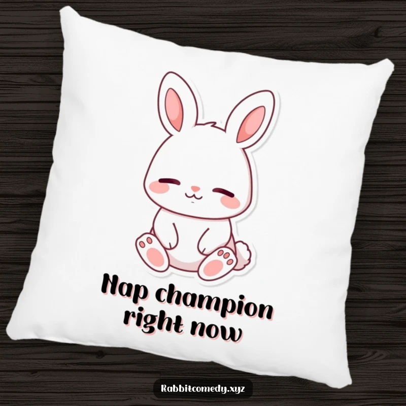 Funny decorative pillow, a content rabbit character sitting peacefully, eyes closed with a calm smile, a soft and serene accent.