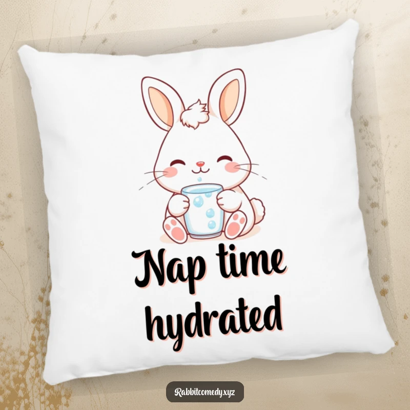 Funny cute kawaii rabbit pillow, a soft cushion showing a content bunny smiling while drinking a dewdrop, perfect for serene comfort.