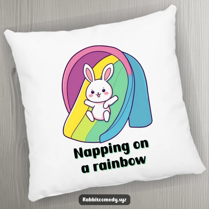 Funny Pillow: A kawaii rabbit gleefully slides down a rainbow, providing humorous comfort and a burst of joy.