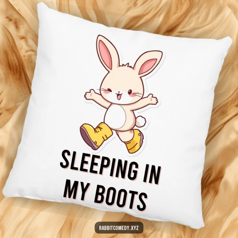 Funny pillow featuring a happy rabbit in oversized boots, skipping with delight, offering comfort and a touch of pure, whimsical cheer.