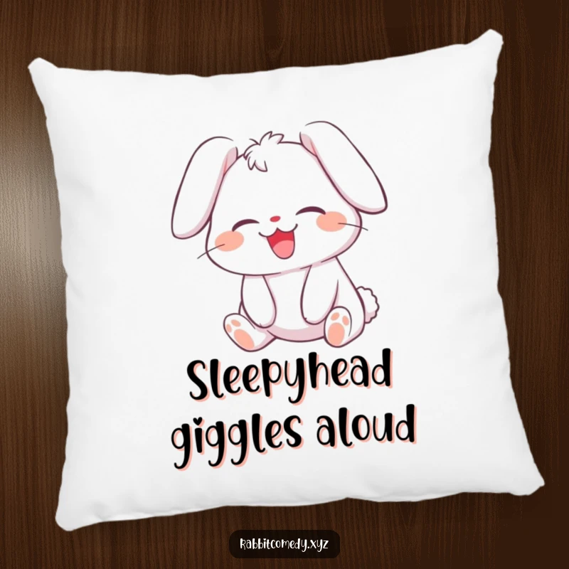 Funny pillow with a giggling rabbit character rolling with laughter, its ears flopped over, offering comfort and infectious joy.