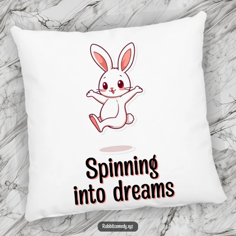 Funny cartoon rabbit character balancing on one leg, spinning quickly on a humorous pillow, great for comfort.