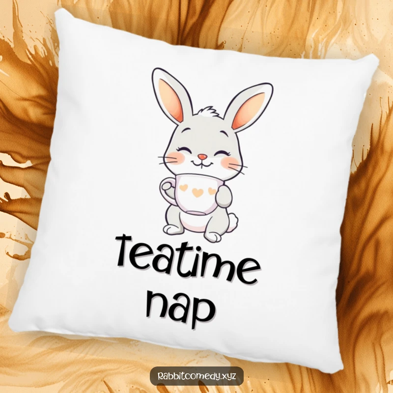 Funny smiling rabbit pillow, balancing a teacup on its nose, cozy, elegant, and charmingly humorous for your home.