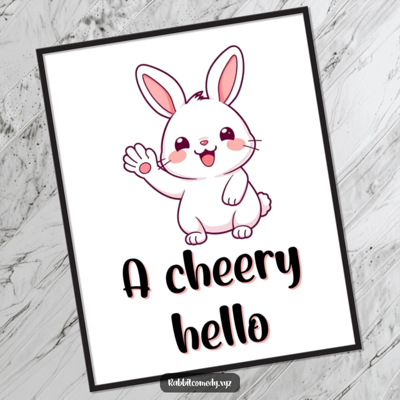 Funny Kawaii rabbit giving a joyful wave with its paw, available as a cheerful digital art print.