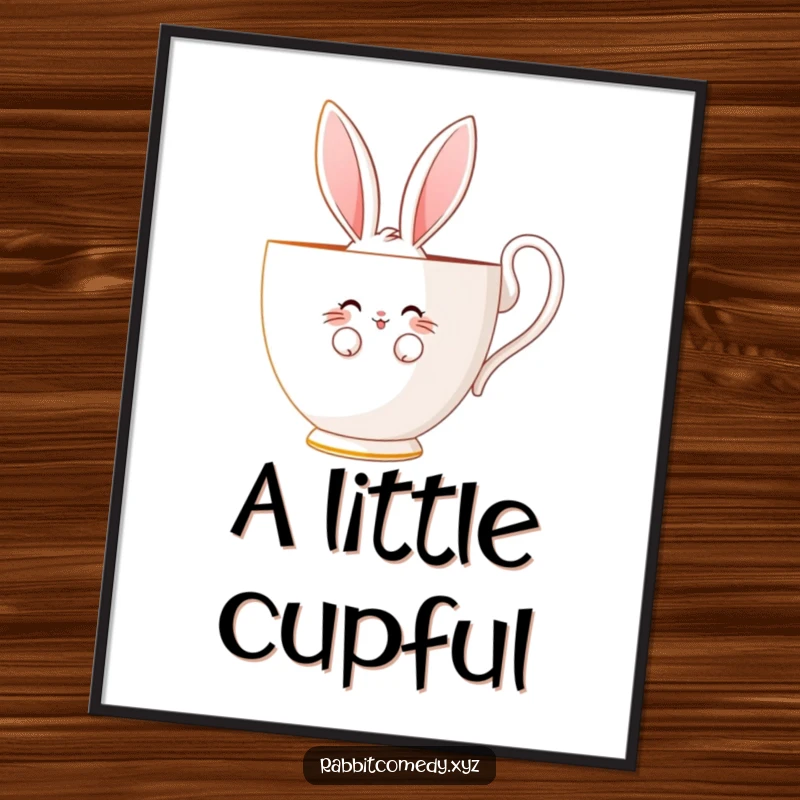 Funny digital art print of a shy rabbit character peeking bashfully from behind a giant teacup, with a sweet, endearing smile.