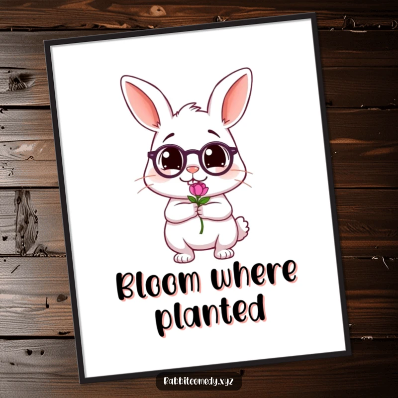 Funny digital art print of a tipsy, wobbling rabbit character holding a tiny flower, perfect for adding a whimsical and humorous touch to any space.