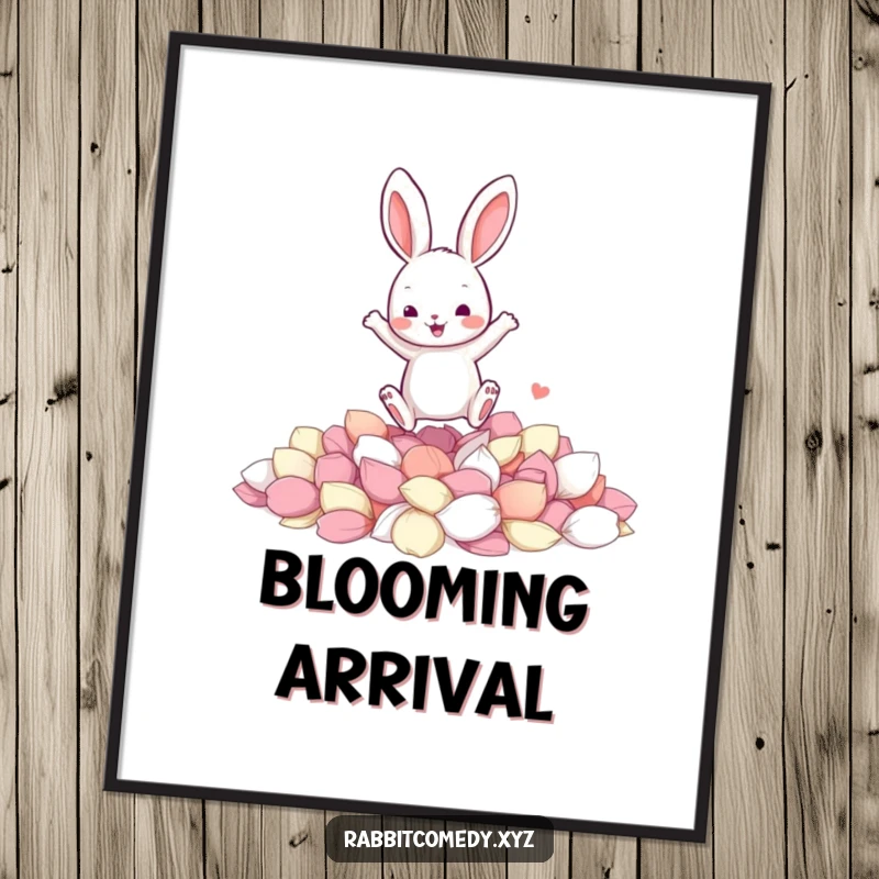 Funny digital art print of a jumping rabbit character joyfully landing in a soft pile of colorful flower petals, full of delight.
