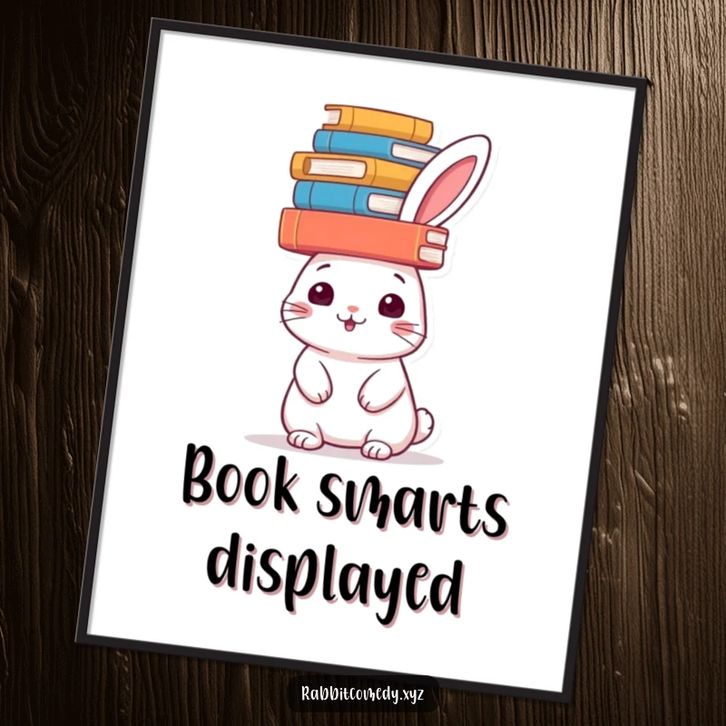 Funny rabbit balancing a stack of books on its head, depicted in vibrant digital art, a symbol of wit and charm.
