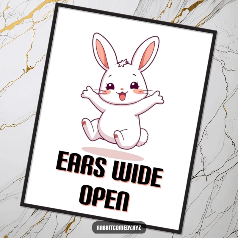 Funny Digital Art Print of a happy rabbit mid-cartwheel, exaggerated ears flying, capturing motion and pure, unadulterated joy for wall decor.