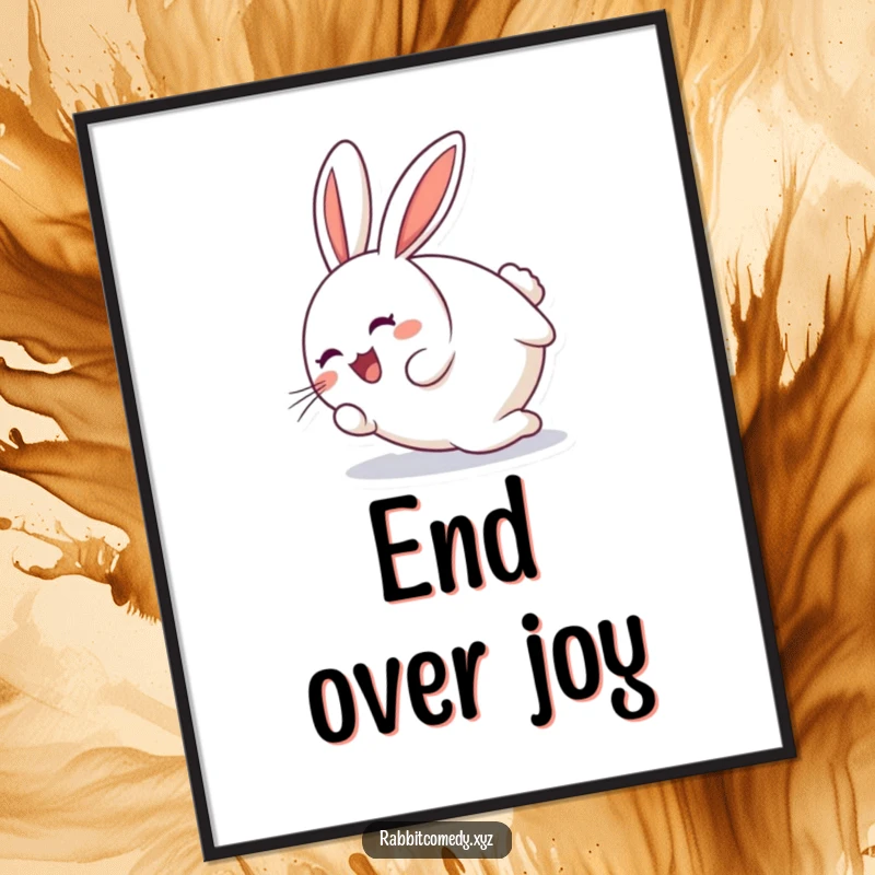 Funny round rabbit character joyfully tumbling end over end on a humorous digital art print, instant download.