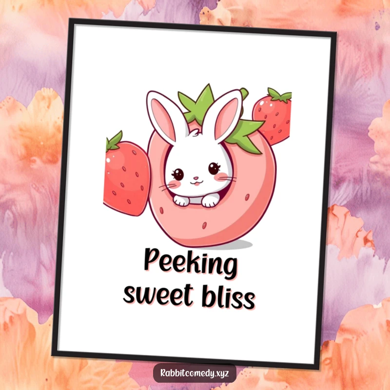 Funny Kawaii rabbit peeking from a giant strawberry hole, available as a charming digital art print.