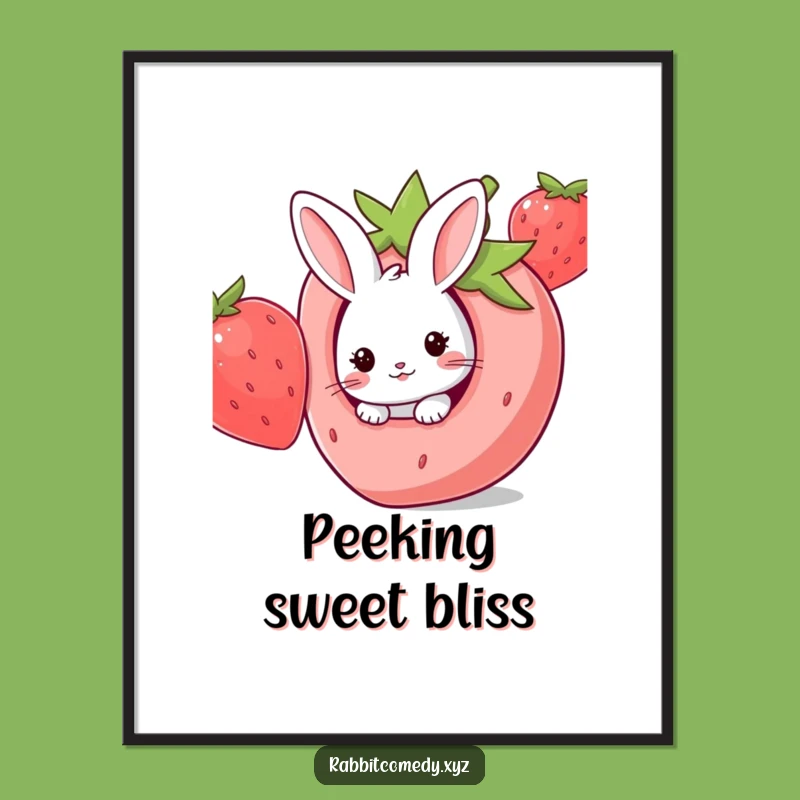Funny Digital Art Print: Kawaii Rabbit's Strawberry Peek, Instant Sweet Decor