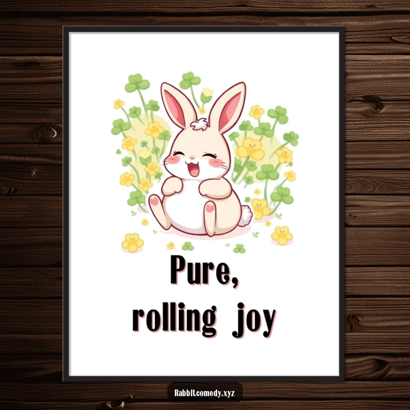 Funny giggling rabbit with belly up, rolling in clover, pure happiness, humorous digital art print.