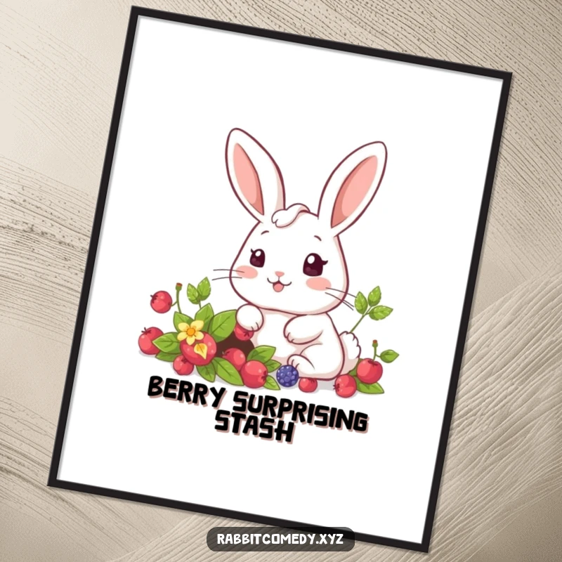 Funny kawaii rabbit with a surprised expression finding a secret berry patch, a charming digital art print for instant download.