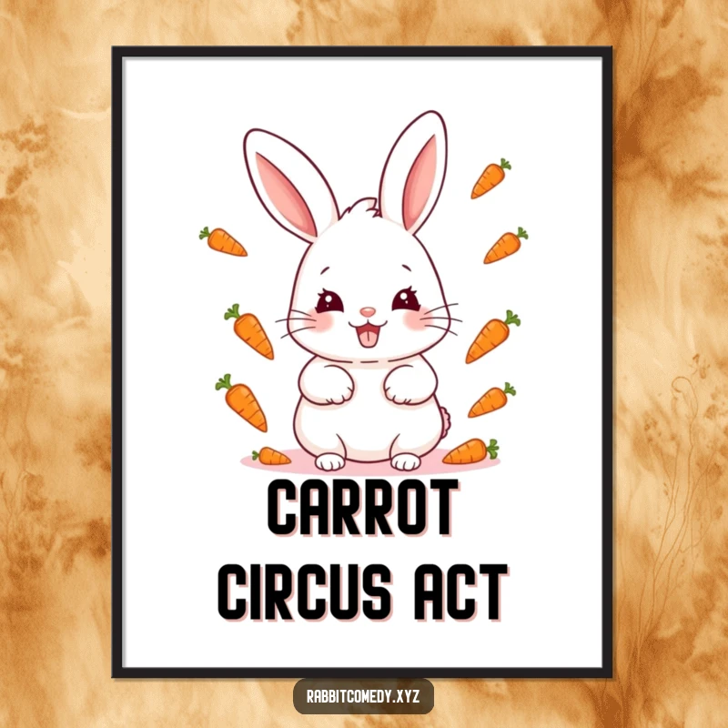 Funny kawaii rabbit with a mischievous grin juggling tiny carrots, a playful digital art print for instant download.