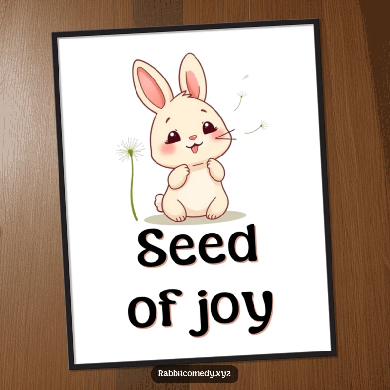 Funny kawaii rabbit digital art print, a cute character giggling while blowing dandelion seeds, perfect for instant whimsical wall decor.
