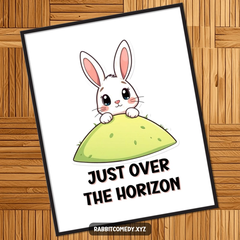 Funny digital art print of a stylized rabbit peeking over a hill, eyes wide with anticipation, offering instant whimsical decor and humor.