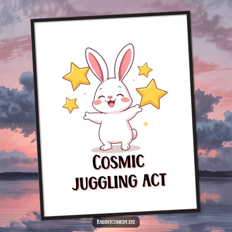 Funny digital art print of a cheerful rabbit joyfully juggling three large, sparkly stars, ideal for whimsical decor.