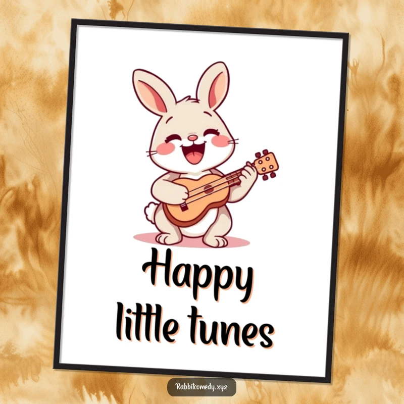 Funny digital art print of a happy rabbit playing a tiny ukulele with a wide, beaming smile.