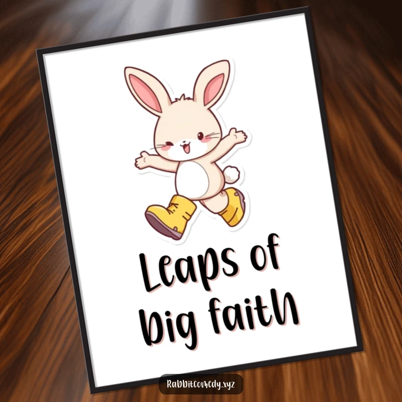 Funny digital art print of a happy rabbit wearing oversized boots, skipping with delight, an instant download for whimsical and joyful decor.