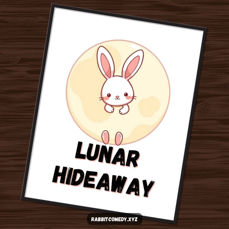 Funny little rabbit digital art print, peeking playfully from behind a large, round moon, whimsical and charming art for immediate joy.