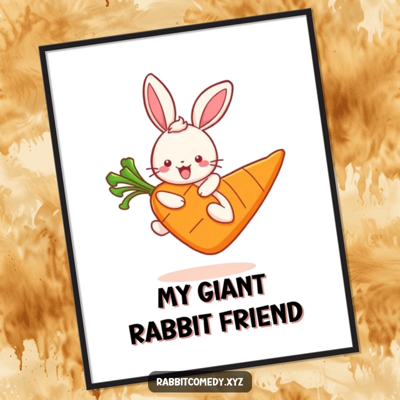Funny kawaii rabbit character mid-hop on a giant carrot, a vibrant and joyful digital art print for instant download.
