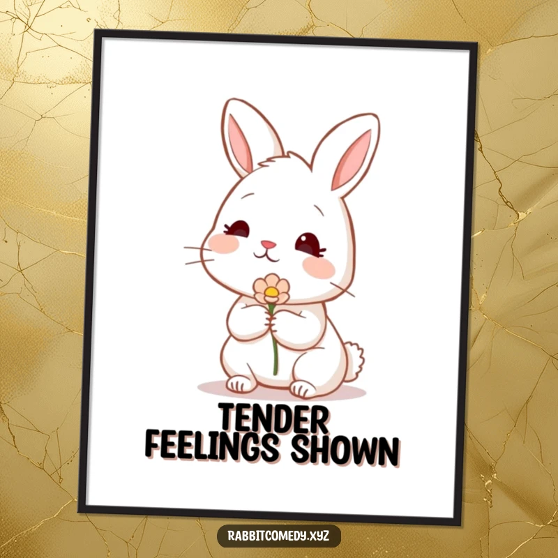 Funny shy rabbit blushing and offering a flower, depicted in vibrant digital art, a symbol of gentle affection.