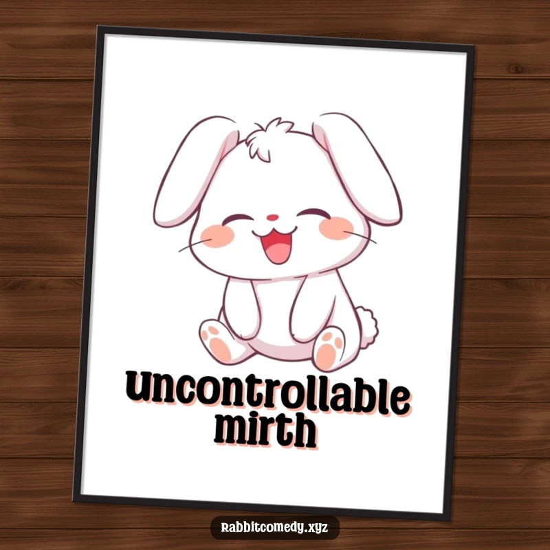 Funny digital art print of a giggling rabbit character with its ears flopped over, rolling with laughter, ideal for cheerful decor.