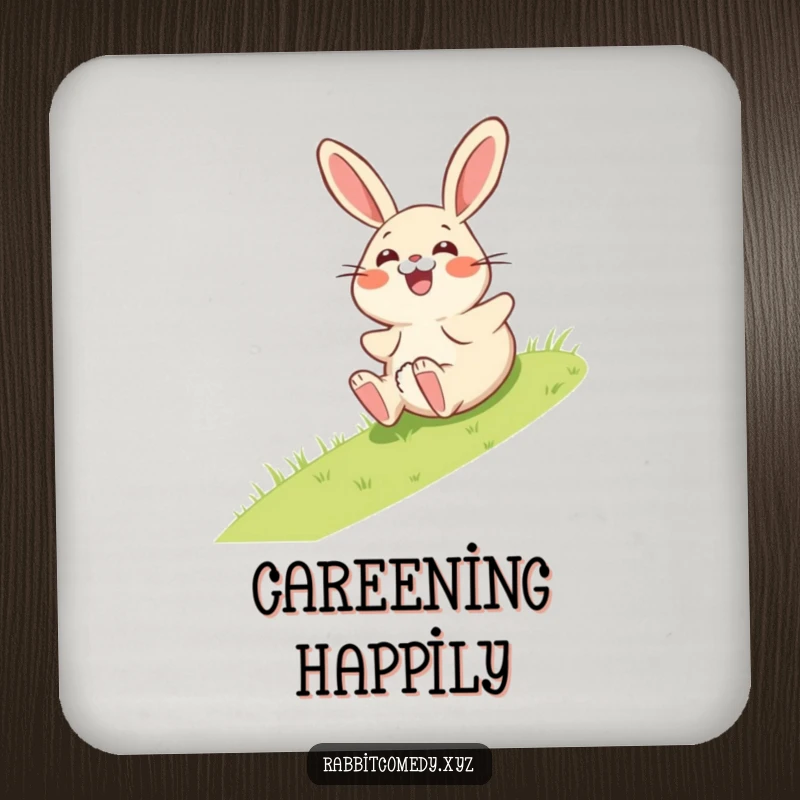 Funny drink coaster with a giggling rabbit character comically rolling down a grassy hill, looking hilariously surprised.