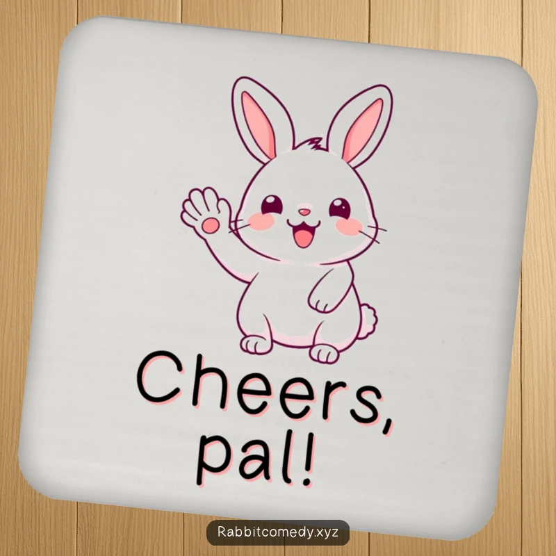 Funny Kawaii rabbit giving a joyful wave with its paw, protecting surfaces with this humorous coaster set.