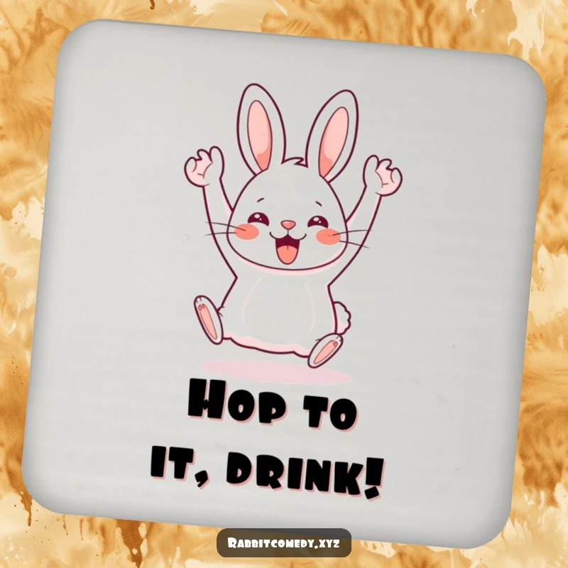 Funny Kawaii rabbit in a silly hop with arms in the air, protecting surfaces with this humorous coaster set.