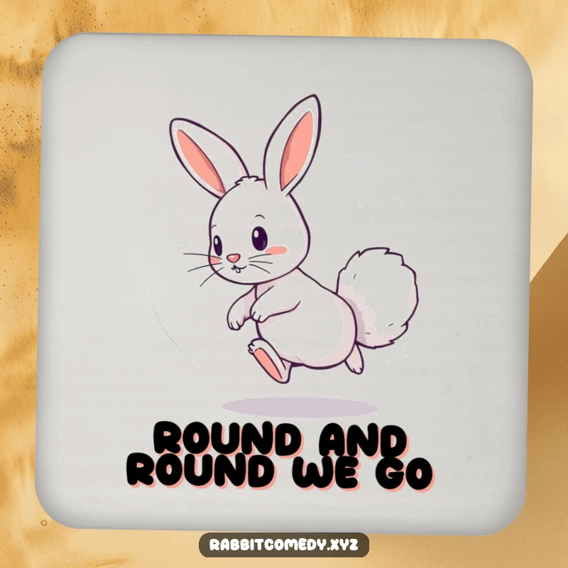 Funny coaster with a playful rabbit chasing its fluffy tail in a dizzying circle, protecting surfaces with whimsical charm and energetic fun.