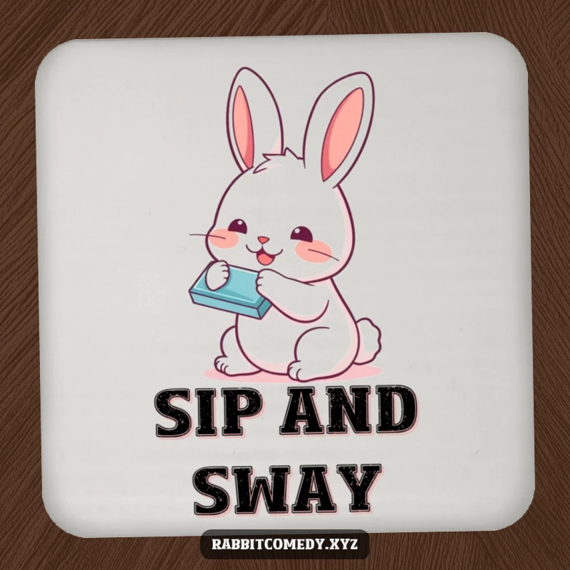 Funny Kawaii rabbit playing a tiny harmonica on a drink coaster, adding musical flair and surface protection.