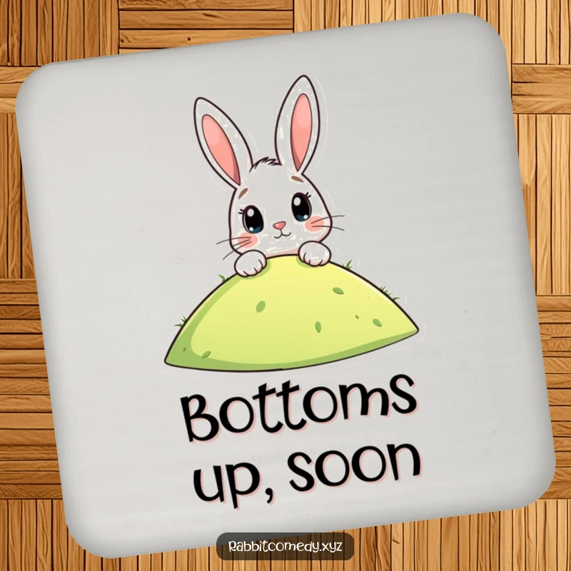 Funny coasters featuring a stylized rabbit peeking over a hill, eyes wide with anticipation, protecting surfaces with humorous charm.