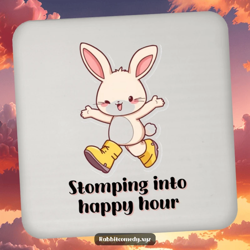 Funny coaster with a happy rabbit wearing oversized boots, skipping with delight, protecting surfaces with whimsical charm and infectious joy.