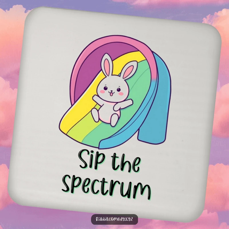 Funny Coaster: A kawaii rabbit gleefully slides down a rainbow, adding humorous and vibrant flair to protect your tables.
