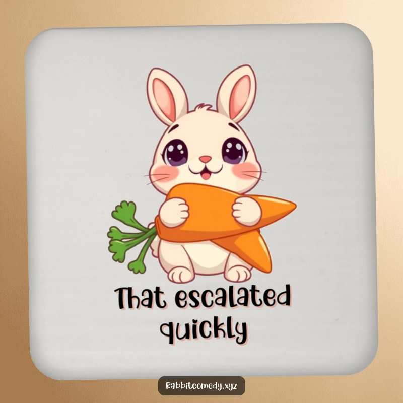 Funny Coaster: An absorbent coaster showing a rabbit with wide eyes, surprised by a giant carrot.